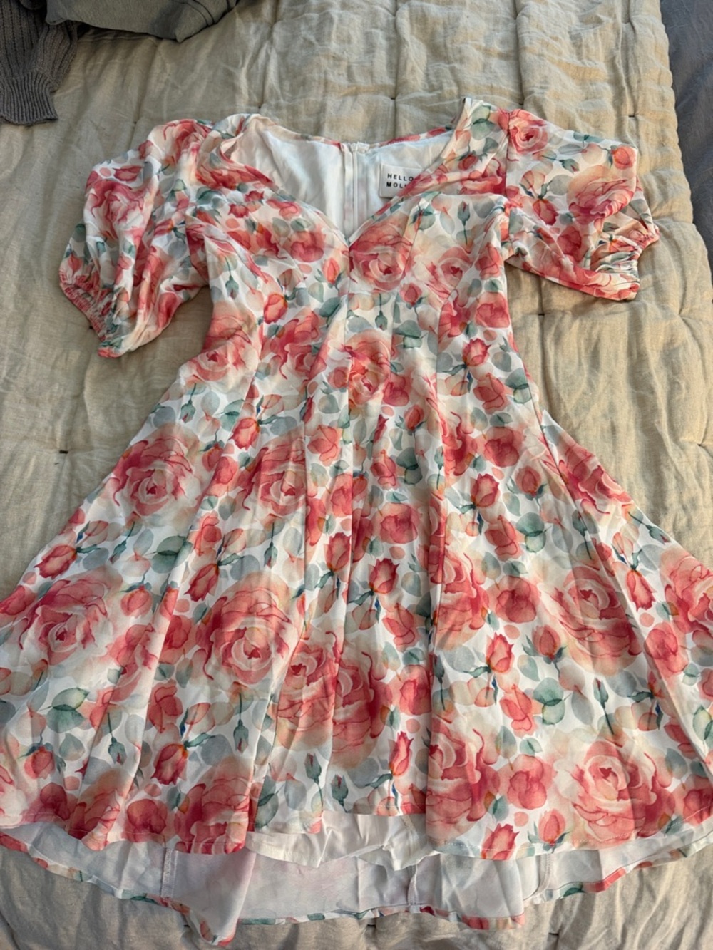 Hello Molly Coral Rose Puff Sleeve Skater Dress